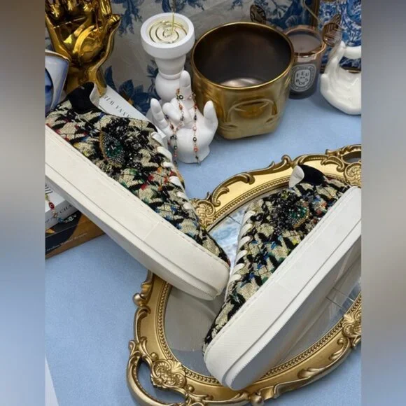 🆕 KURT GEIGER LONDON 🧿 NWOB Laney Eye Gold Rainbow Tweed Sneaker, Sz 37 US 7 - Picture 10 of 14